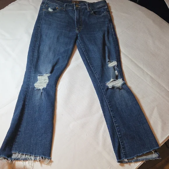 MOTHER Distressed Flare Jeans in Blue - Picture 1 of 13